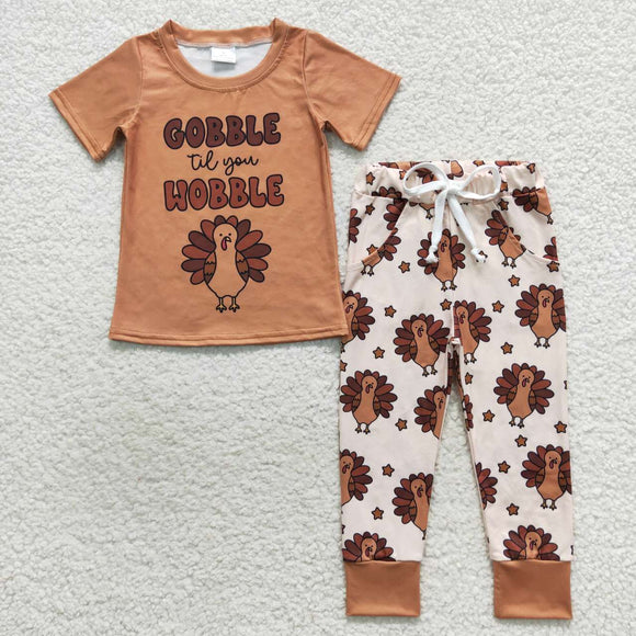 Gobble Wobble Turkey Brown Boys Thanksgiving Outfits