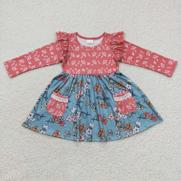 Floral Pockets Pink Blue Girls Long Sleeve Dress