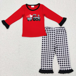 Heart Tractor Black Plaid Ruffles Red Girls Valentine Pajamas