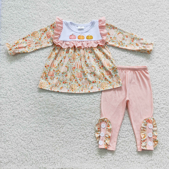 Three Pumpkins Pink Ruffles Girls Long Sleeve+Trousers Sets