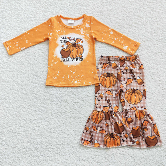 Fall Vibes Pumpkin Candy Orange Girls Long Sleeve+Trousers Sets