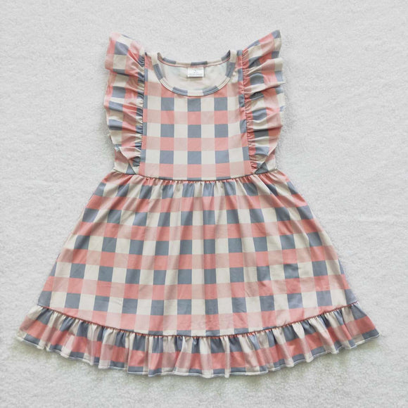 Pink Gray Plaid Girls Flutter Sleeve Dress