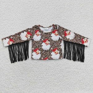 Santa Leopard Print Tassels Girls Christmas Top