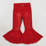 Ripped Red Double Flared Girls Jeans Pants