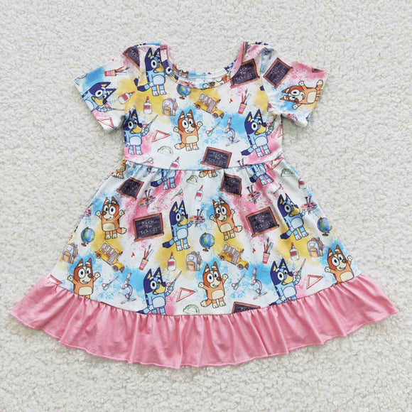 Cartoon Dogs Pink Ruffles Girls Back to School Dress