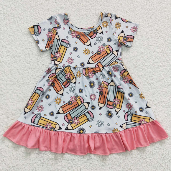 Floral Pencil Pink Ruffles Girls Back to School Dress