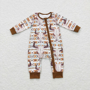 Aztec Highland Cow Brown Boys Fall Romper