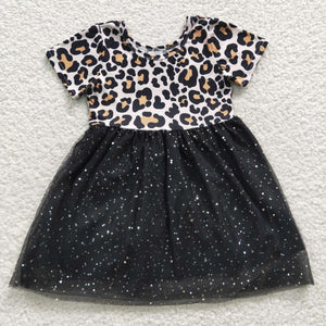 Promotional Leopard Print Black Gauze Tulle Sequins Girls Short Sleeve Dress