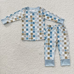 Smile Lightning Blue Plaid Boys Long Sleeve Pajamas