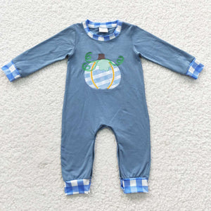 Pumpkin Blue Plaid Boys Fall Romper