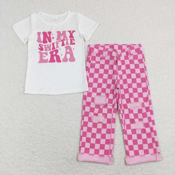 In My Era Singer Pink Plaid Denim Girls Short Sleeve+Trousers Sets