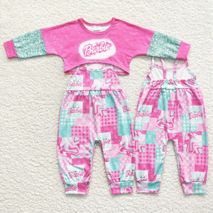 Cartoon Dolls Jumpsuit Hot Pink Girls Long Sleeve+Trousers Sets