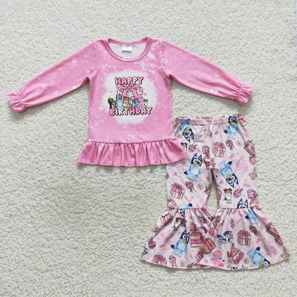 Cartoon Dogs Happy Birthday Pink Girls Long Sleeve+Trousers Sets