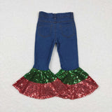 Red Green Sequins Flared Jeans Girls Christmas Pants