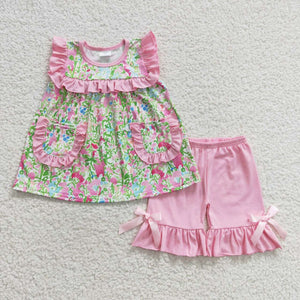 Floral Pockets Pink Ruffles Girls Shorts Sets