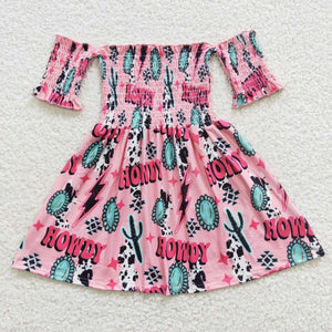 Howdy Aztec Pink One Shoulder Girls Short Sleeve Dress