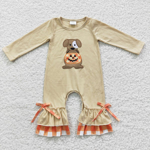 Pumpkin Dog Orange Plaid Beige Girls Halloween Romper