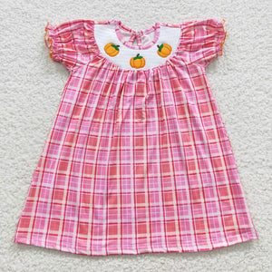 Three Pumpkins Embroidery Smocked Plaid Girls Short Sleeve Dress