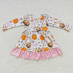 Floral Ghost Pumpkin Pink Girls Halloween Dress