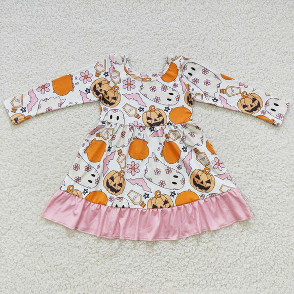 Floral Ghost Pumpkin Pink Girls Halloween Dress