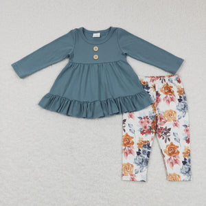 Solid Blue Floral Legging Girls Long Sleeve+Trousers Sets