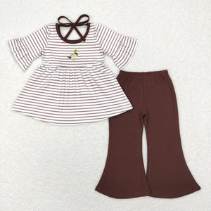 Duck Stripe Brown Girls Short Sleeve+Trousers Sets