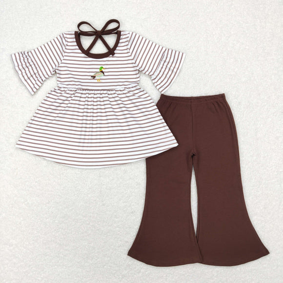 Duck Stripe Brown Girls Short Sleeve+Trousers Sets