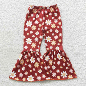 Floral Brick Red Girls Milk Silk Bell Bottoms Pants