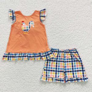 Chicken Ruffles Colorful Plaid Girls Shorts Sets