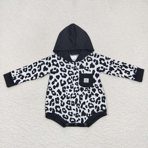 Smile Pocket Cow Print Black Hoodie Boys Fall Romper