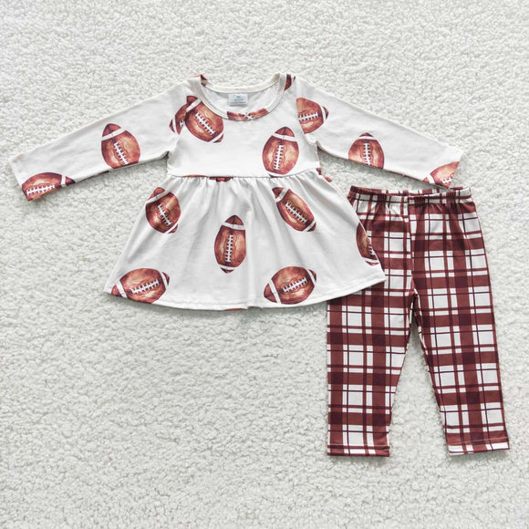 Football Beige Brown Plaid Legging Girls Long Sleeve+Trousers Sets