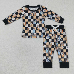 Cartoon Dogs Black Orange Plaid Boys Long Sleeve Pajamas