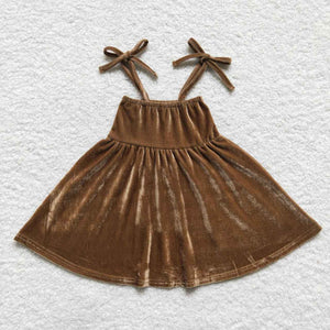 Solid Brown Girls Sleeveless Velvet Dress