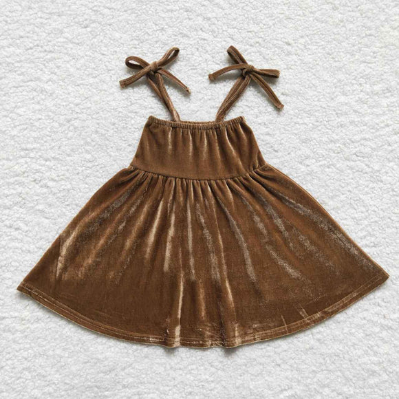 Solid Brown Girls Sleeveless Velvet Dress