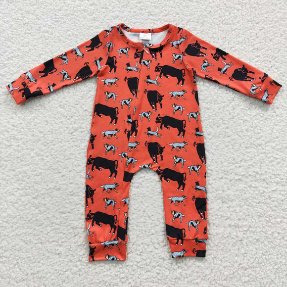 Cow Dog Orange-Red Boys Fall Romper