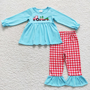 Tree Truck Red Plaid Blue Girls Christmas Outfits