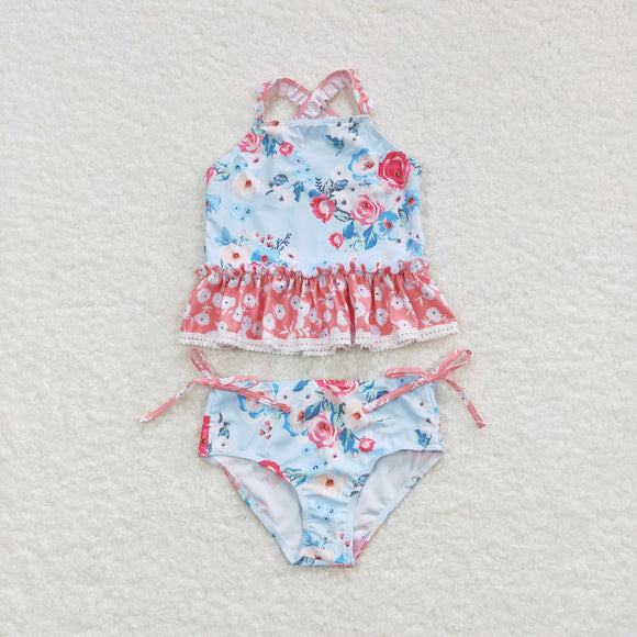 Floral Lace Ruffles Bows Sky Blue Girls Swimsuits