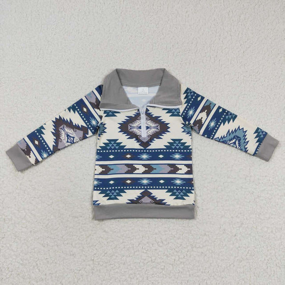 Aztec Navy Gray Polo Boys Long Sleeve Top