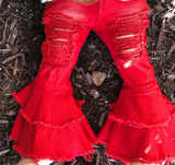 Ripped Red Double Flared Girls Jeans Pants