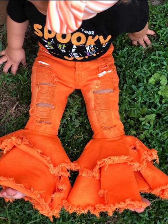 Ripped Orange Double Flared Girls Jeans Pants