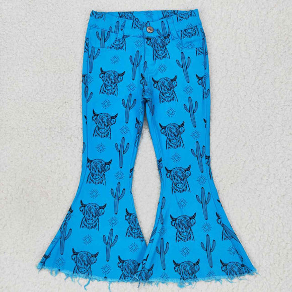 Highland Cow Cactus Blue Flared Girls Jeans Pants