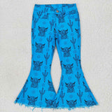 Highland Cow Cactus Blue Flared Girls Jeans Pants