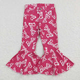 Cartoon Dolls Letters Hot Pink Flared Girls Jeans Pants