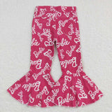 Cartoon Dolls Letters Hot Pink Flared Girls Jeans Pants