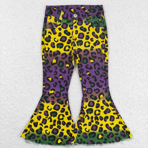 Leopard Print Purple Yellow Green Flared Girls Jeans Mardi Gras Pants