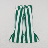 Green White Stripe Flared Girls Jeans Pants