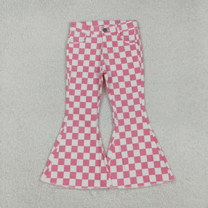 Pink White Plaid Flared Girls Jeans Pants