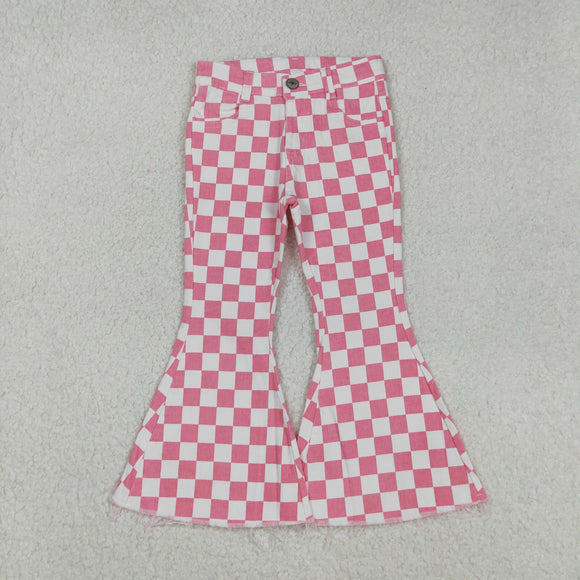 Pink White Plaid Flared Girls Jeans Pants