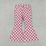 Pink White Plaid Flared Girls Jeans Pants