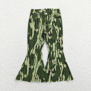 Green Camo Print Flared Girls Jeans Pants